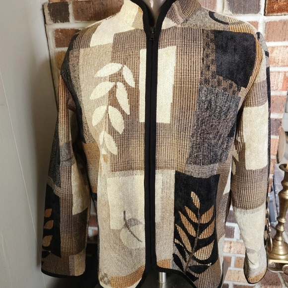 Coldwater Creek Jackets & Blazers - Vtg Boho Tapestry Jacket Women's L Fall Foliage Earth Tone Leaf Art Wear Zip Up